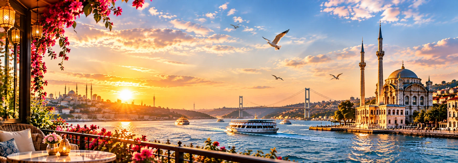 Sunset over the Bosphorus in Istanbul with the Ortaköy Mosque, bridge, and ferries