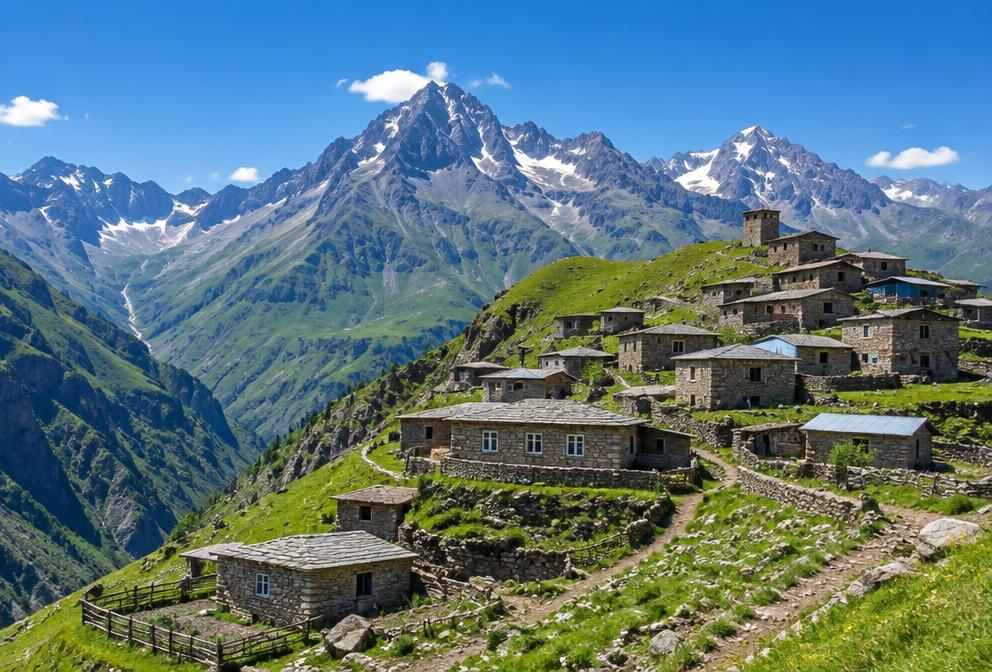 Stone houses of Khinalug village high in the Caucasus mountains