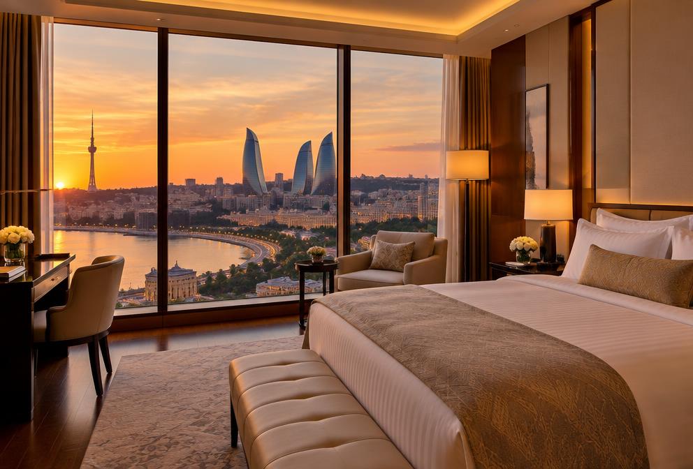 Luxury hotel room overlooking the Baku skyline at sunset