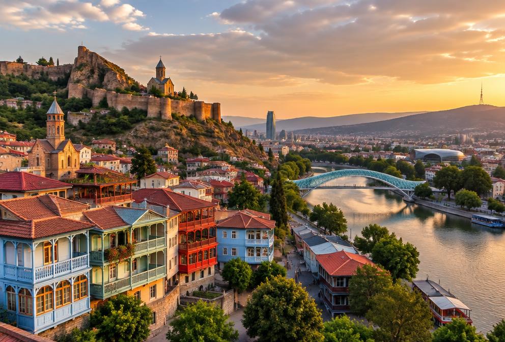 Colorful balconies, Narikala fortress, and Bridge of Peace in Tbilisi