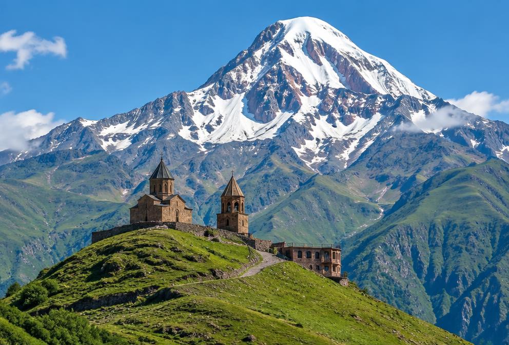 Gergeti Trinity Church beneath the snow-capped peak of Mount Kazbek
