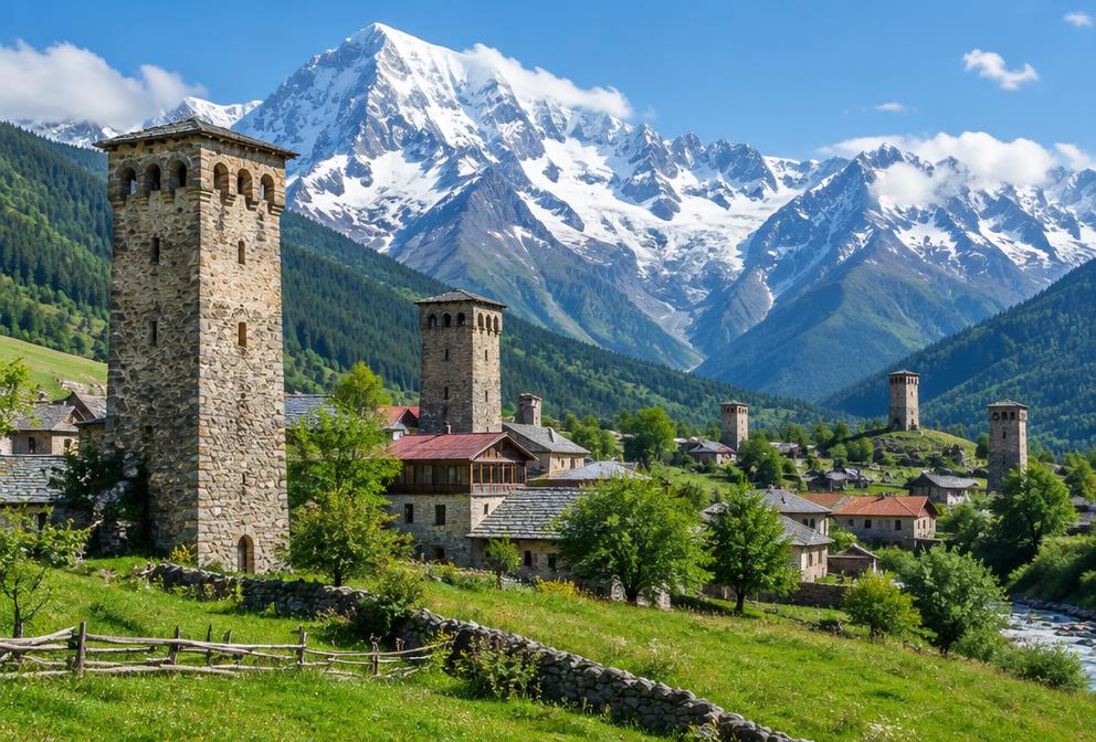 Stone watchtowers of Svaneti village beneath snowy Caucasus peaks
