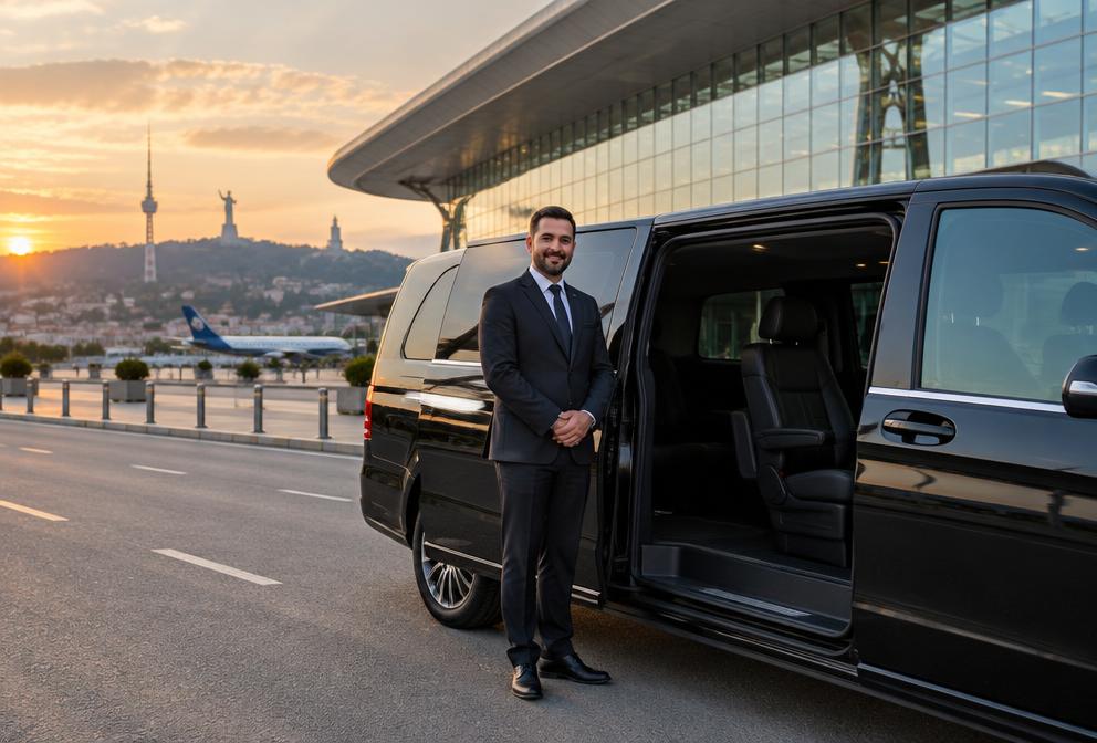 Chauffeur waiting by a luxury van outside Tbilisi Airport at sunset