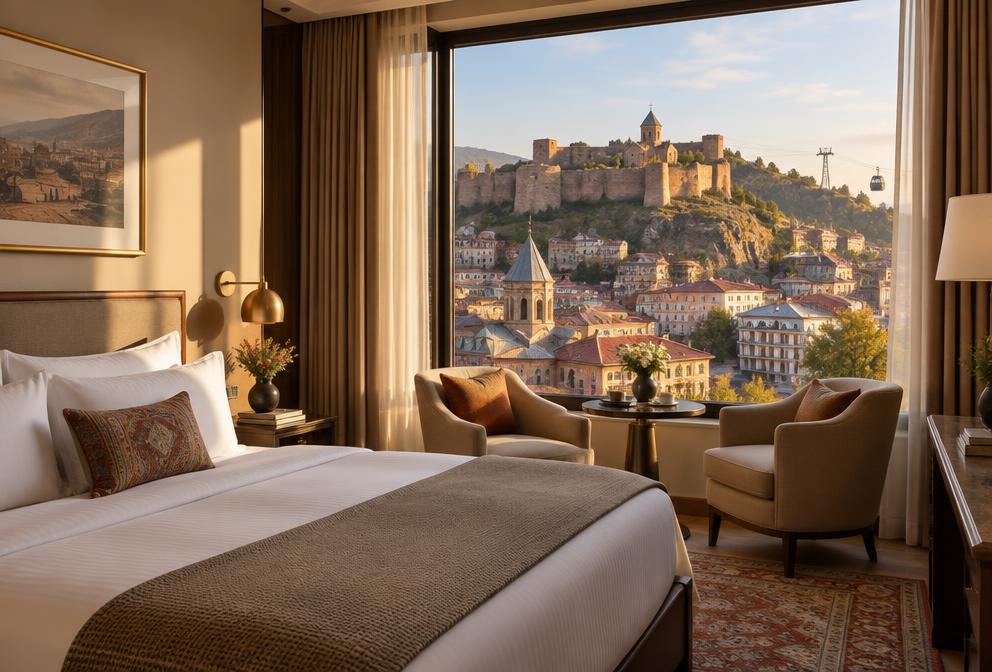 Elegant hotel room overlooking the old town and fortress of Tbilisi