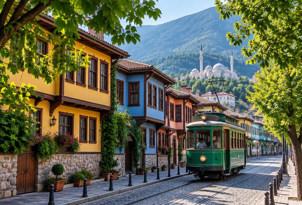 Traditional colorful houses and a green tram in Bursa