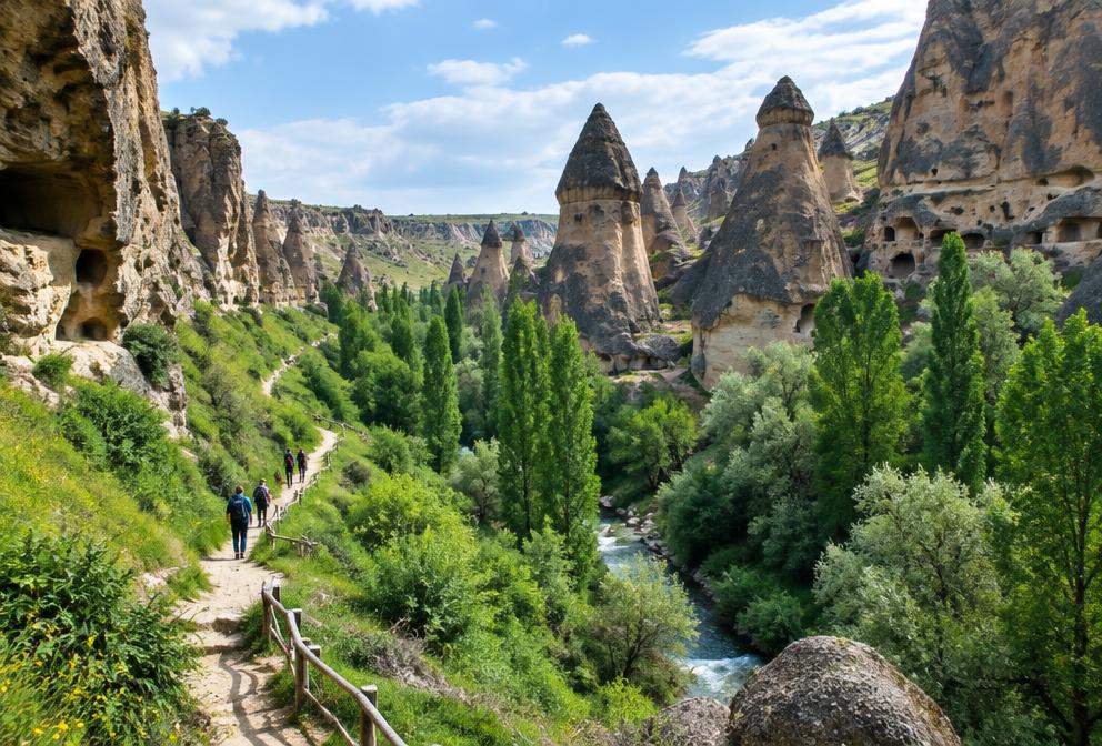 Green valley and fairy chimney formations in Cappadocia