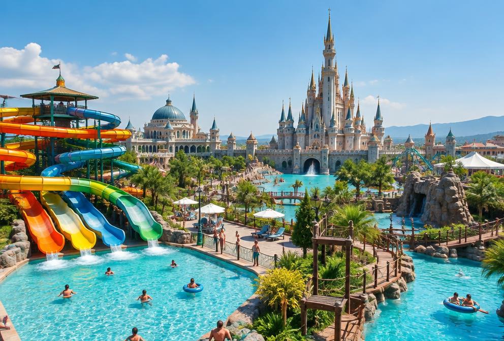 Colorful water slides and fantasy castle at a theme park