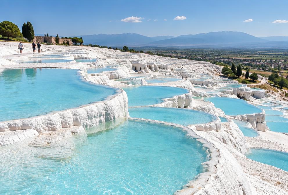 White travertine pools filled with turquoise water at Pamukkale