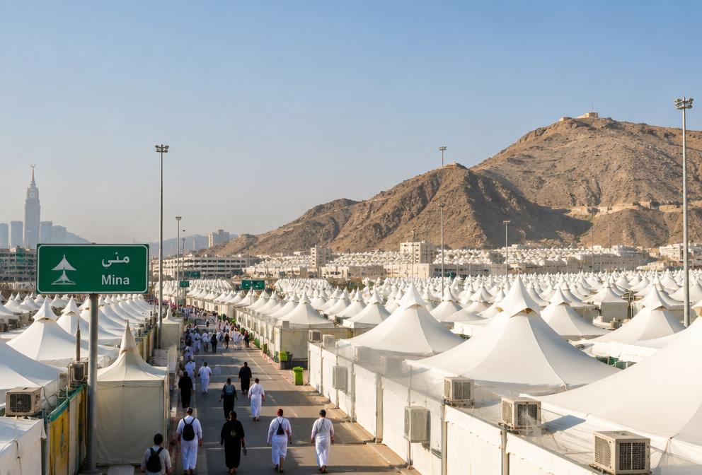 Rows of white pilgrim tents at Mina near Makkah