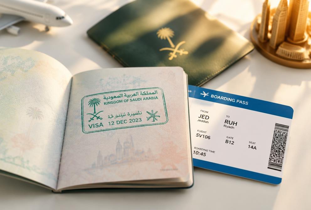 Passport with a Saudi umrah visa stamp beside a boarding pass