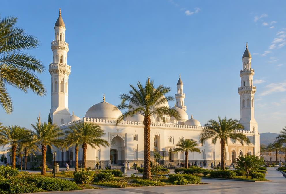 The white Quba Mosque in Madinah surrounded by palm trees